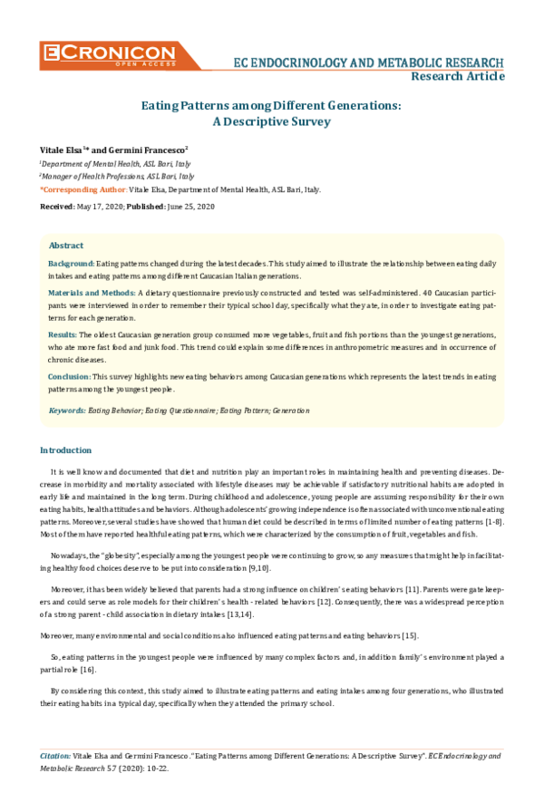 (PDF) Eating Patterns among Different Generations:A Descriptive Survey
