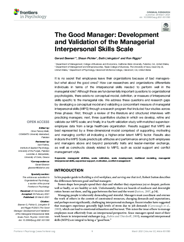 (PDF) The Good Manager: Development and Validation of the Managerial ...