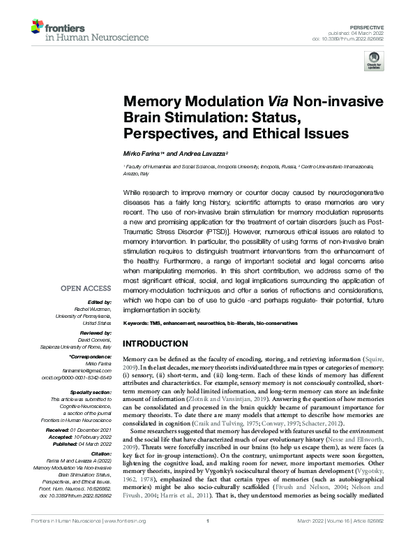 (PDF) Memory Modulation Via Non-invasive Brain Stimulation: Status ...