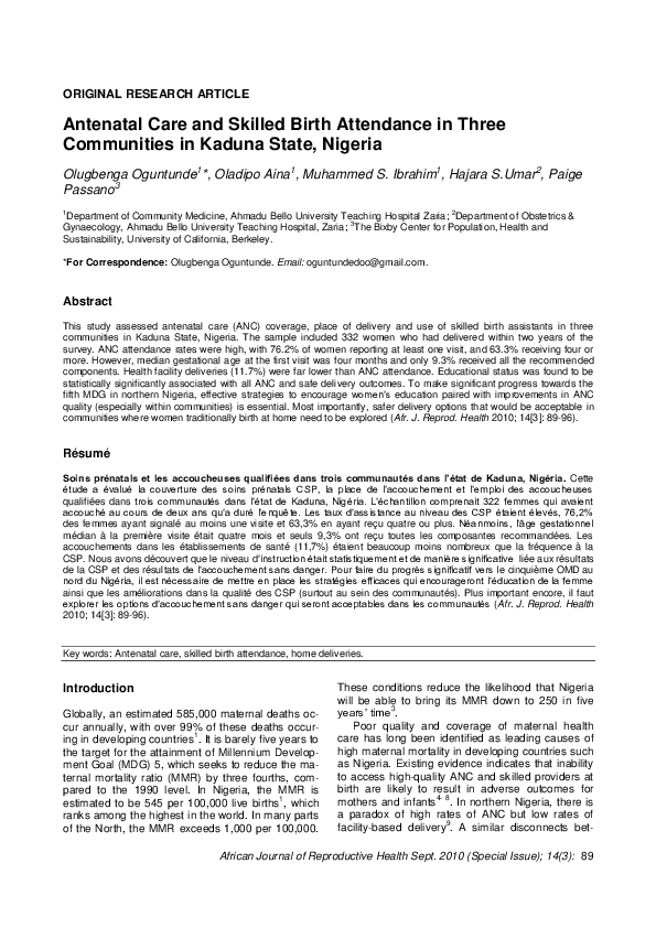 (PDF) Antenatal Care and Skilled Birth Attendance in Three Communities ...
