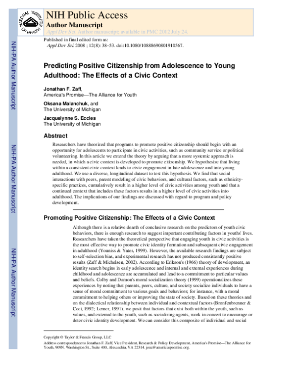 (PDF) Predicting Positive Citizenship from Adolescence to Young ...