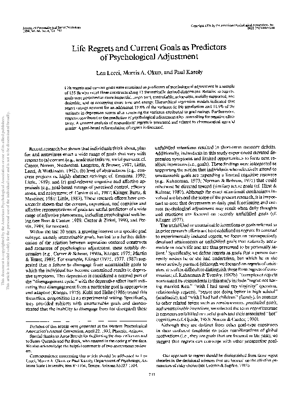 Life regrets and current goals as predictors of psychological adjustment
