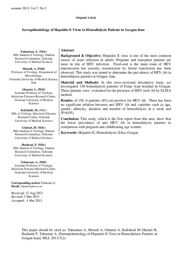 (PDF) Seroepidemiology of Hepatitis E Virus in Hemodialysis Patients in ...