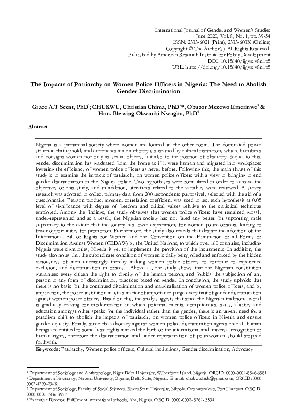 (PDF) The Impacts of Patriarchy on Women Police Officers in Nigeria ...