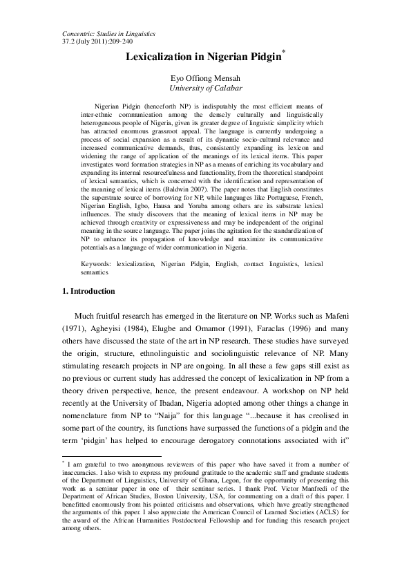 (PDF) Lexicalization in Nigerian Pidgin