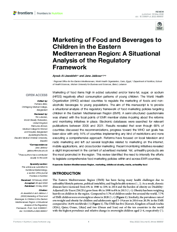 (PDF) Marketing of Food and Beverages to Children in the Eastern ...