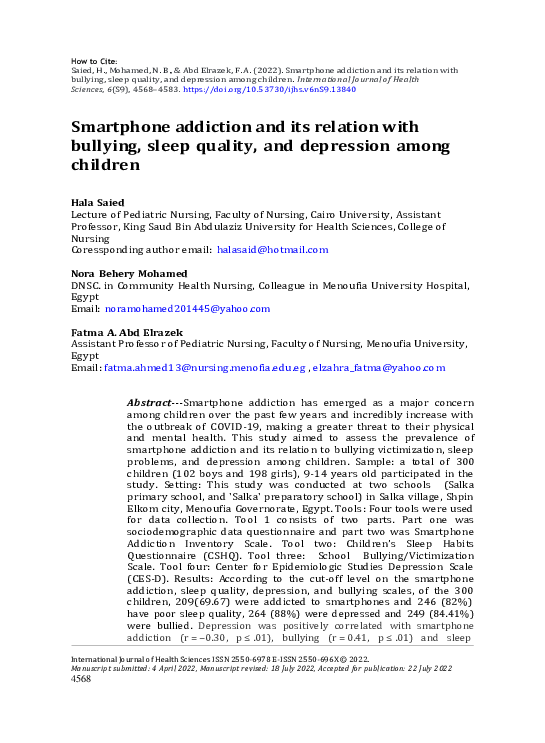 (PDF) Smartphone addiction and its relation with bullying, sleep ...