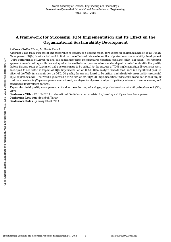 (PDF) A Framework for Successful TQM Implementation and Its Effect on ...