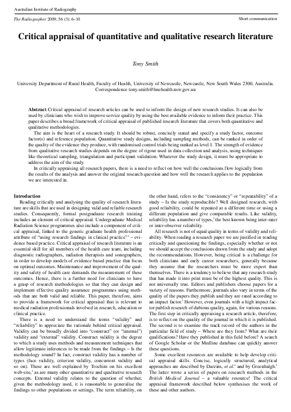 (PDF) Critical appraisal of quantitative and qualitative research ...