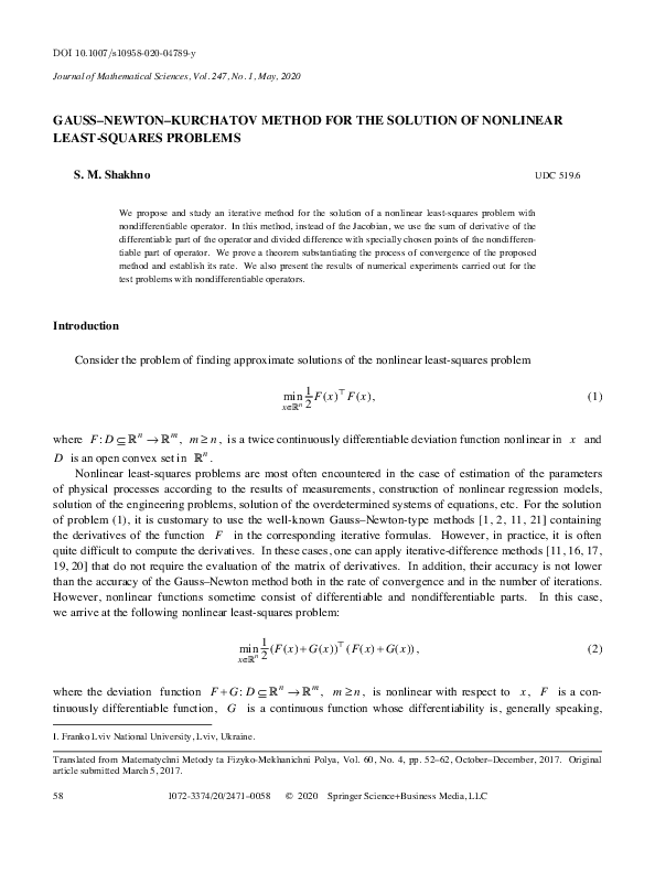 (PDF) Gauss–Newton–Kurchatov Method for the Solution of Nonlinear Least ...
