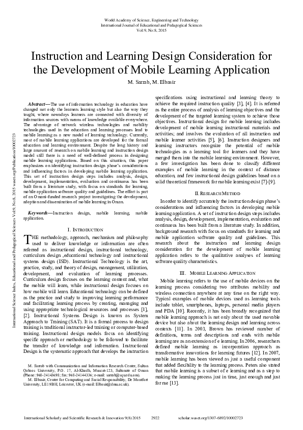(PDF) Instruction and Learning Design Consideration for the Development ...