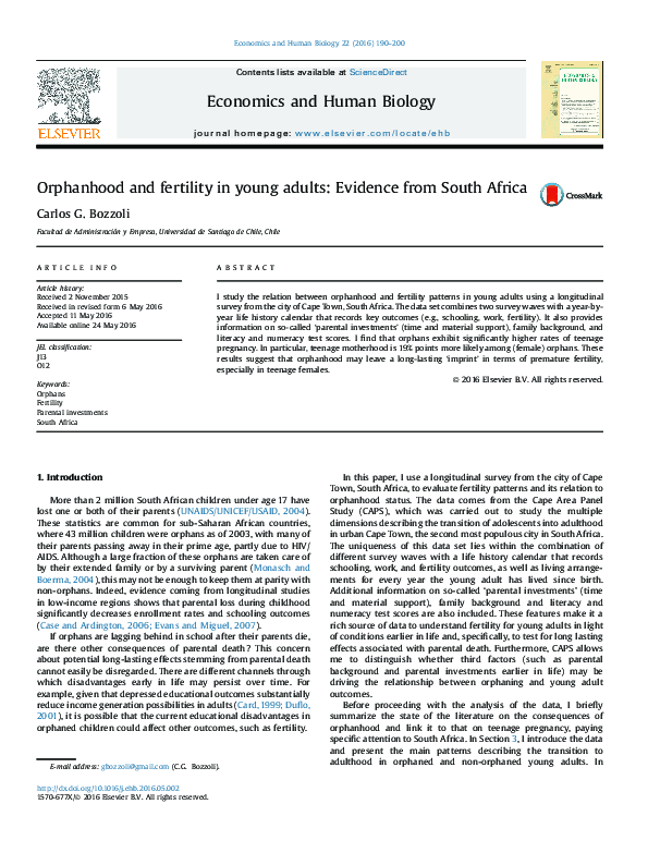 (PDF) Orphanhood and fertility in young adults: Evidence from South Africa