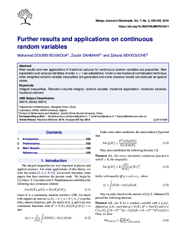 (PDF) Further results and applications on continuous random variables