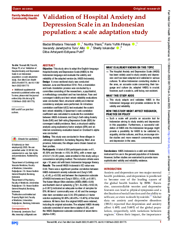 (PDF) Validation of Hospital Anxiety and Depression Scale in an ...