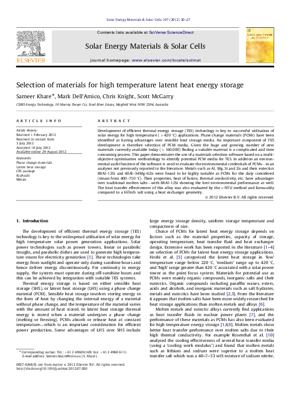 (PDF) Selection of materials for high temperature latent heat energy ...