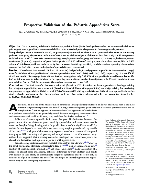 (PDF) Prospective validation of the pediatric appendicitis score