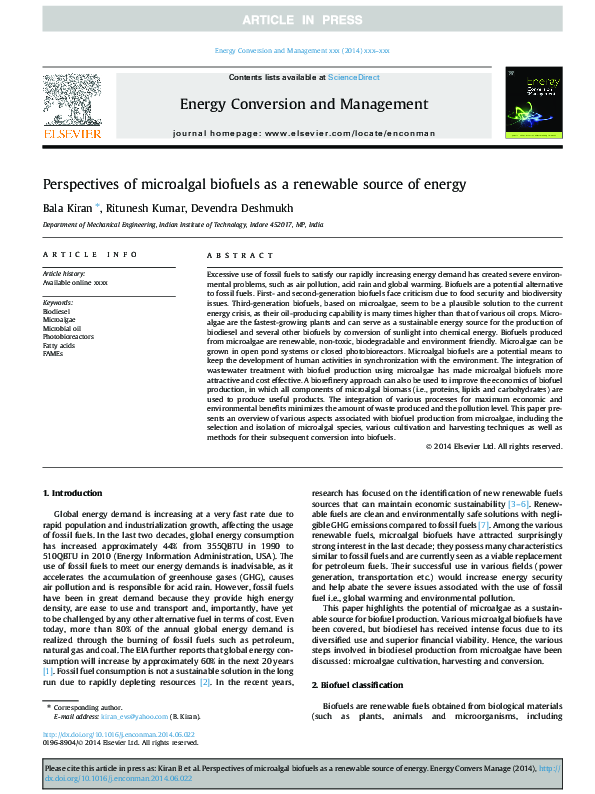(PDF) Perspectives of microalgal biofuels as a renewable source of energy