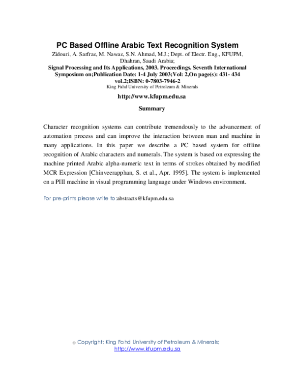 (PDF) PC based offline Arabic text recognition system