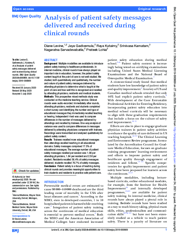 (PDF) Analysis of patient safety messages delivered and received during ...