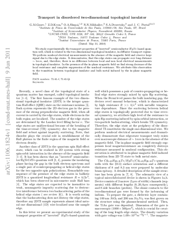 (PDF) Transport in disordered two-dimensional topological insulators