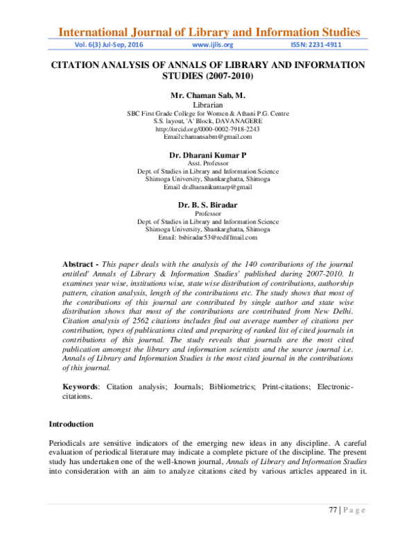 (PDF) Citation Analysis of Annals of Library and Information Studies ...