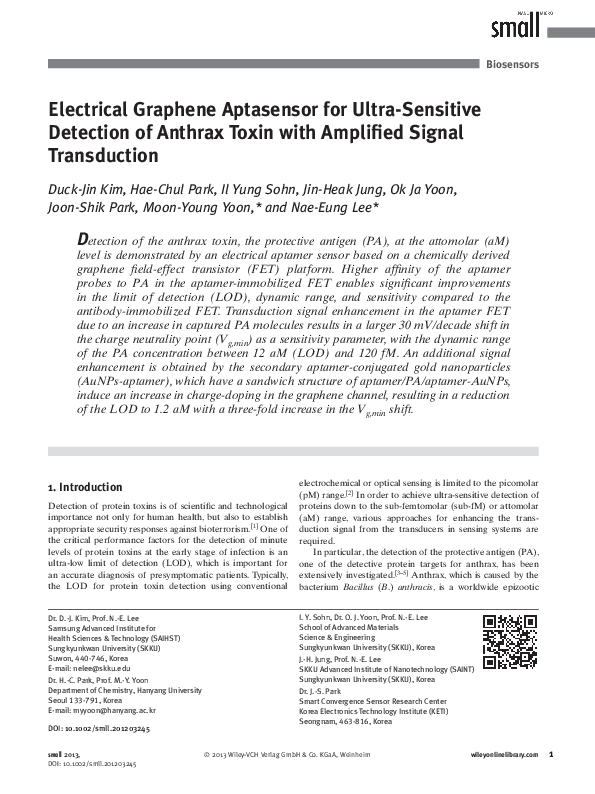 (PDF) Electrical Graphene Aptasensor for Ultra‐Sensitive Detection of ...