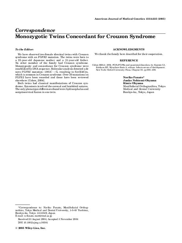 (PDF) Monozygotic twins concordant for Crouzon syndrome