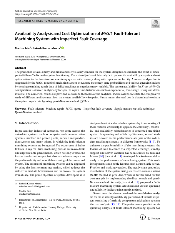(PDF) Availability analysis and cost optimization of a repairable ...