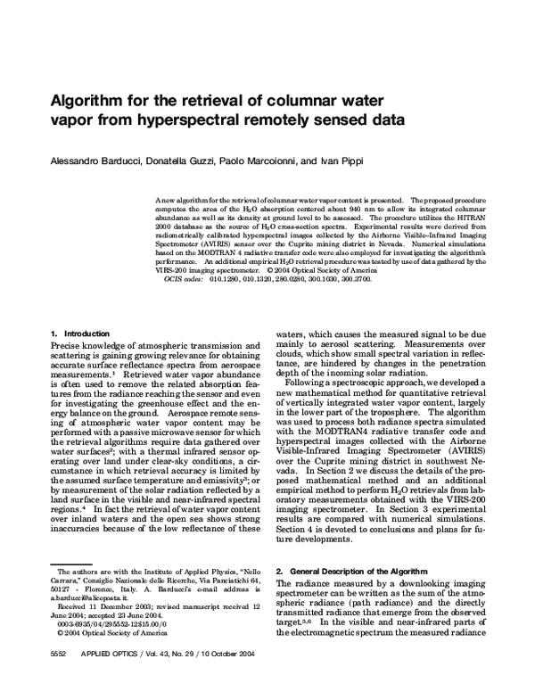 (PDF) Algorithm for the retrieval of columnar water vapor from ...