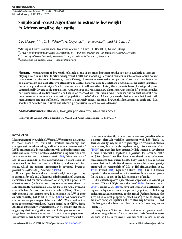(PDF) Simple and robust algorithms to estimate liveweight in African ...