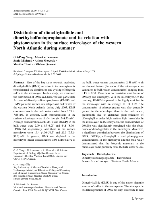 (PDF) Distribution of dimethylsulfide and dimethylsulfoniopropionate ...