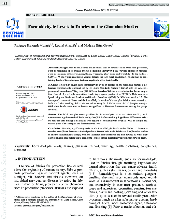 (PDF) Formaldehyde Levels in Fabrics on the Ghanaian Market