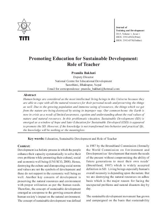 (PDF) Promoting Education for Sustainable Development: Roles of Teacher