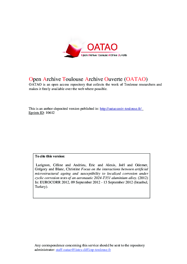 Focus on the interactions between artificial microstructural ageing and susceptibility to localized corrosion under cyclic corrosion tests of an aeronautic 2024-T351 aluminium alloy