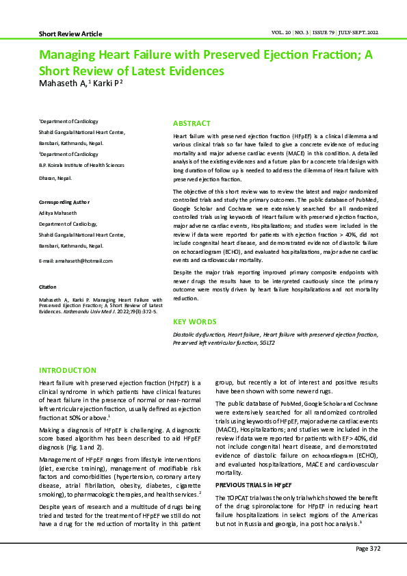 (PDF) Managing Heart Failure with Preserved Ejection Fraction; A Short ...