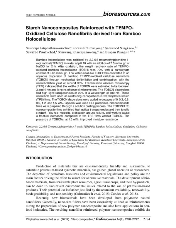 (PDF) Starch nanocomposites reinforced with TEMPO-oxidized cellulose ...