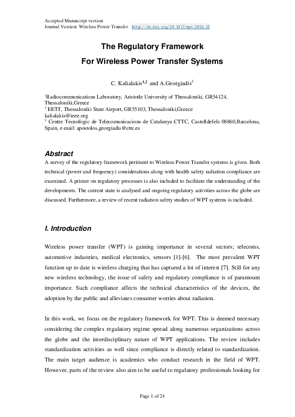(PDF) The regulatory framework for wireless power transfer systems