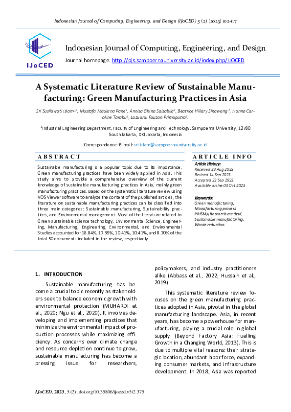 (PDF) A Systematic Literature Review of Sustainable Manufacturing ...