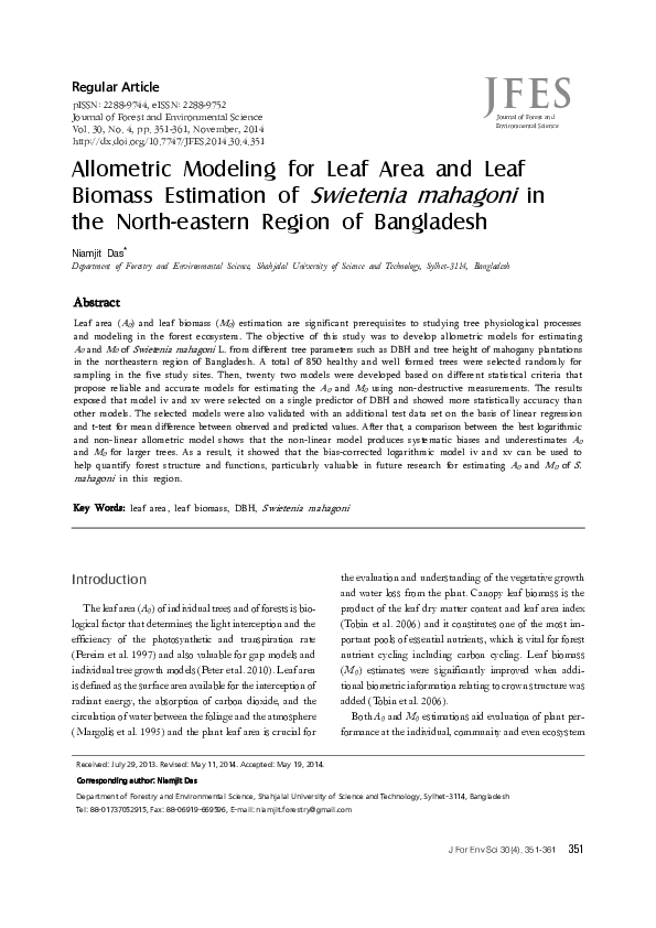 (PDF) Allometric Modeling for Leaf Area and Leaf Biomass Estimation of ...