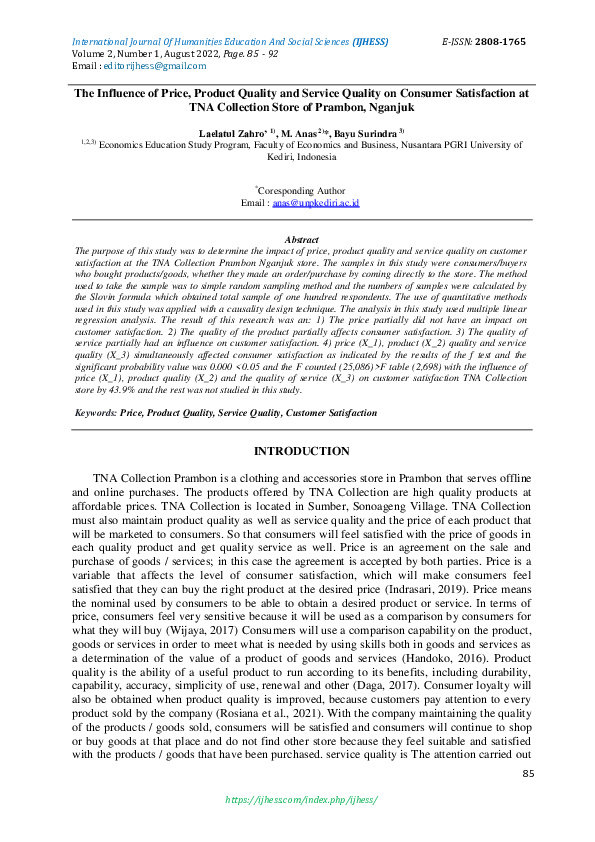 (PDF) Influence of Price, Product Quality and Service Quality on ...