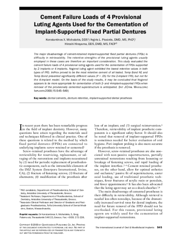 (PDF) Cement failure loads of 4 provisional luting agents used for the ...