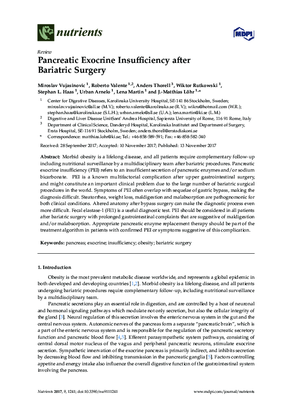 (PDF) Pancreatic Exocrine Insufficiency after Bariatric Surgery | Lena ...