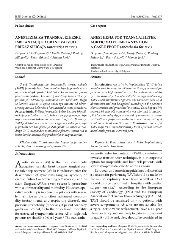 (PDF) Anesthesia for transcatheter aortic valve implantation A case report (anesthesia for TAVI