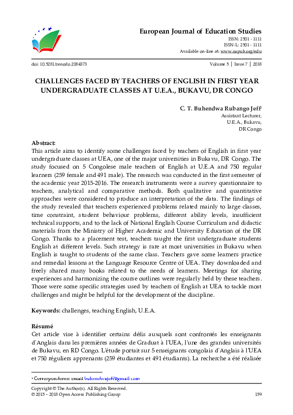 (PDF) Challenges Faced by Teachers of English in First Year ...