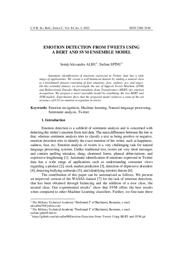 (PDF) Emotion Detection From Tweets Using a BERT and SVM Ensemble Model