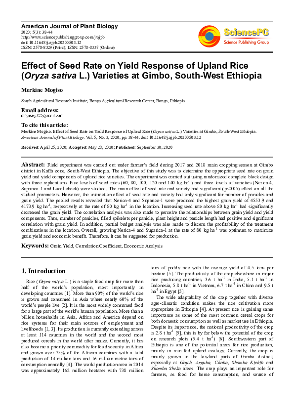 (PDF) Effect of Seed Rate on Yield Response of Upland Rice ( Oryza ...