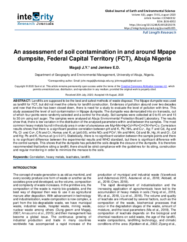 (PDF) An assessment of soil contamination in and around Mpape dumpsite ...