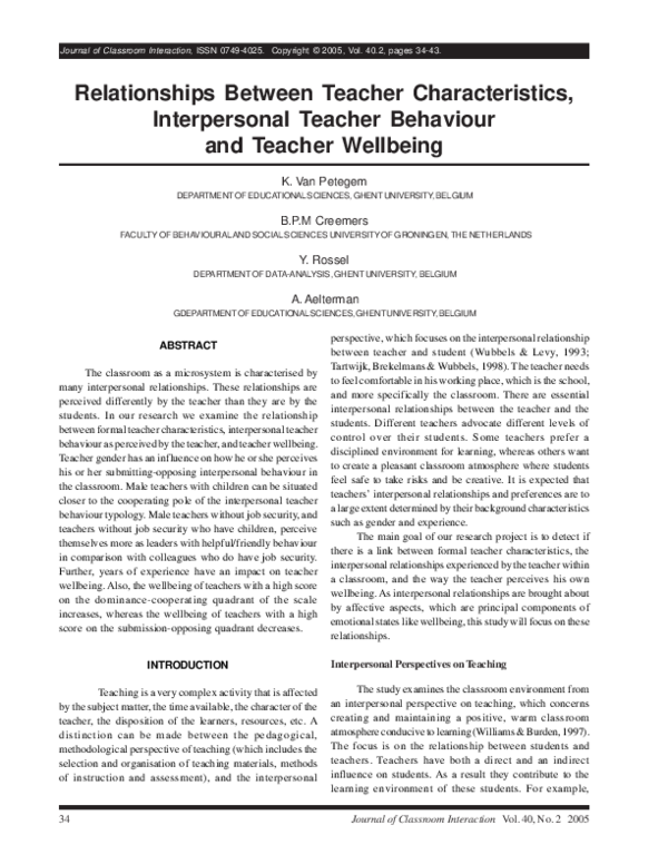 (PDF) Relationships Between Teacher Characteristics, Interpersonal ...