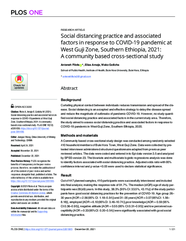 Social distancing practice and associated factors in response to COVID-19 pandemic at West Guji Zone, Southern Ethiopia, 2021: A community based cross-sectional study