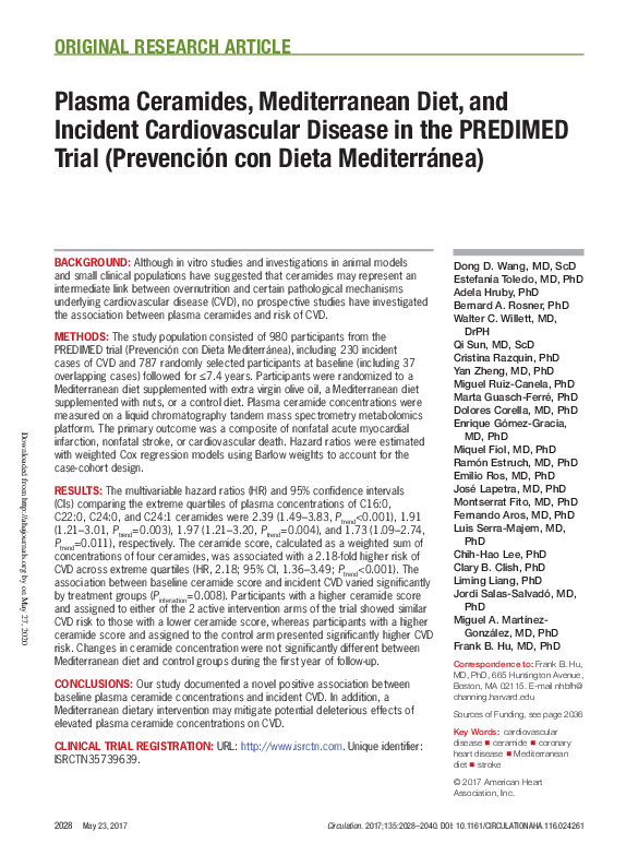 (PDF) Plasma Ceramides, Mediterranean Diet, and Incident Cardiovascular ...